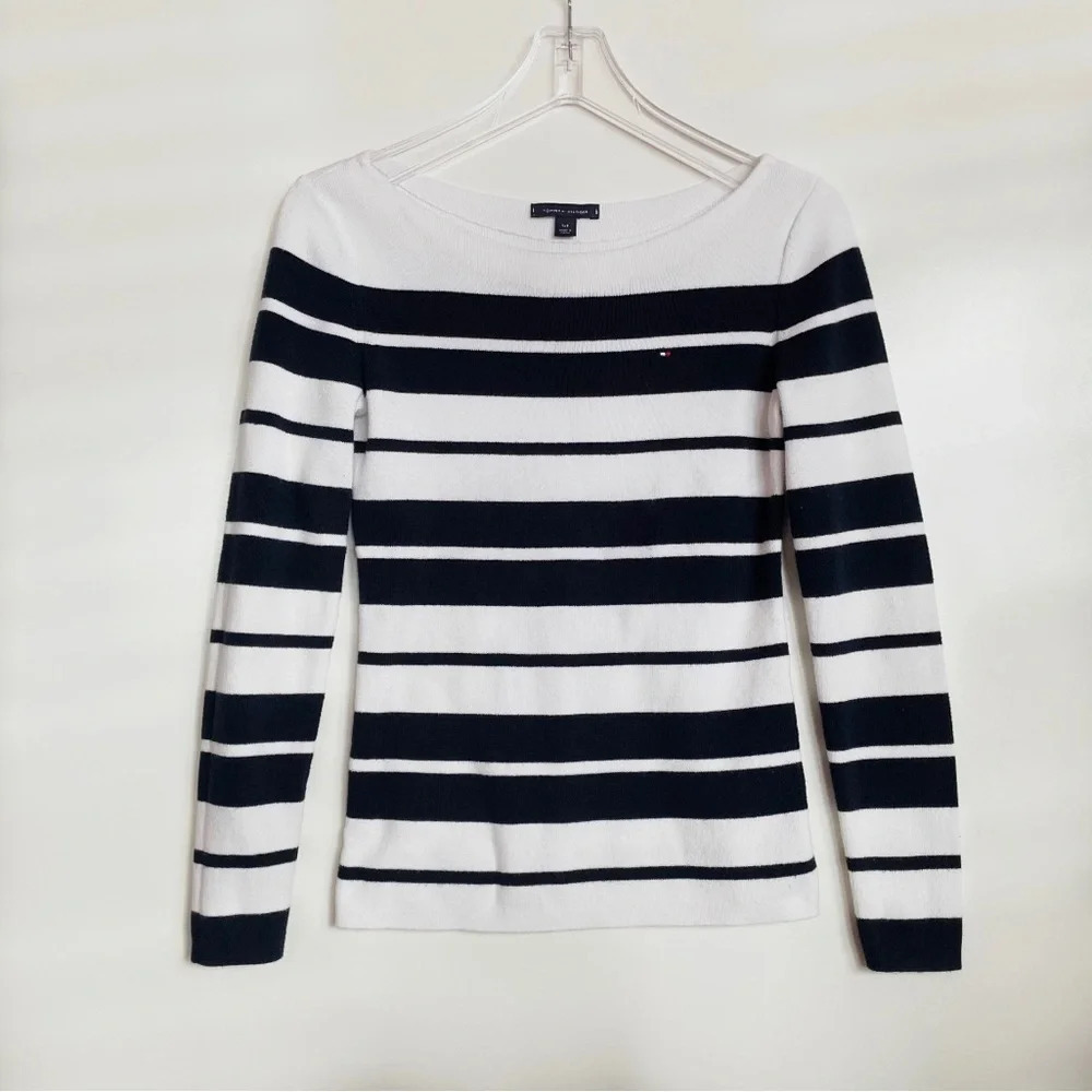 Tommy Hilfiger Stripe Cotton Sweater Navy White Size S Fall Winter Sailor - Picture 2 of 13